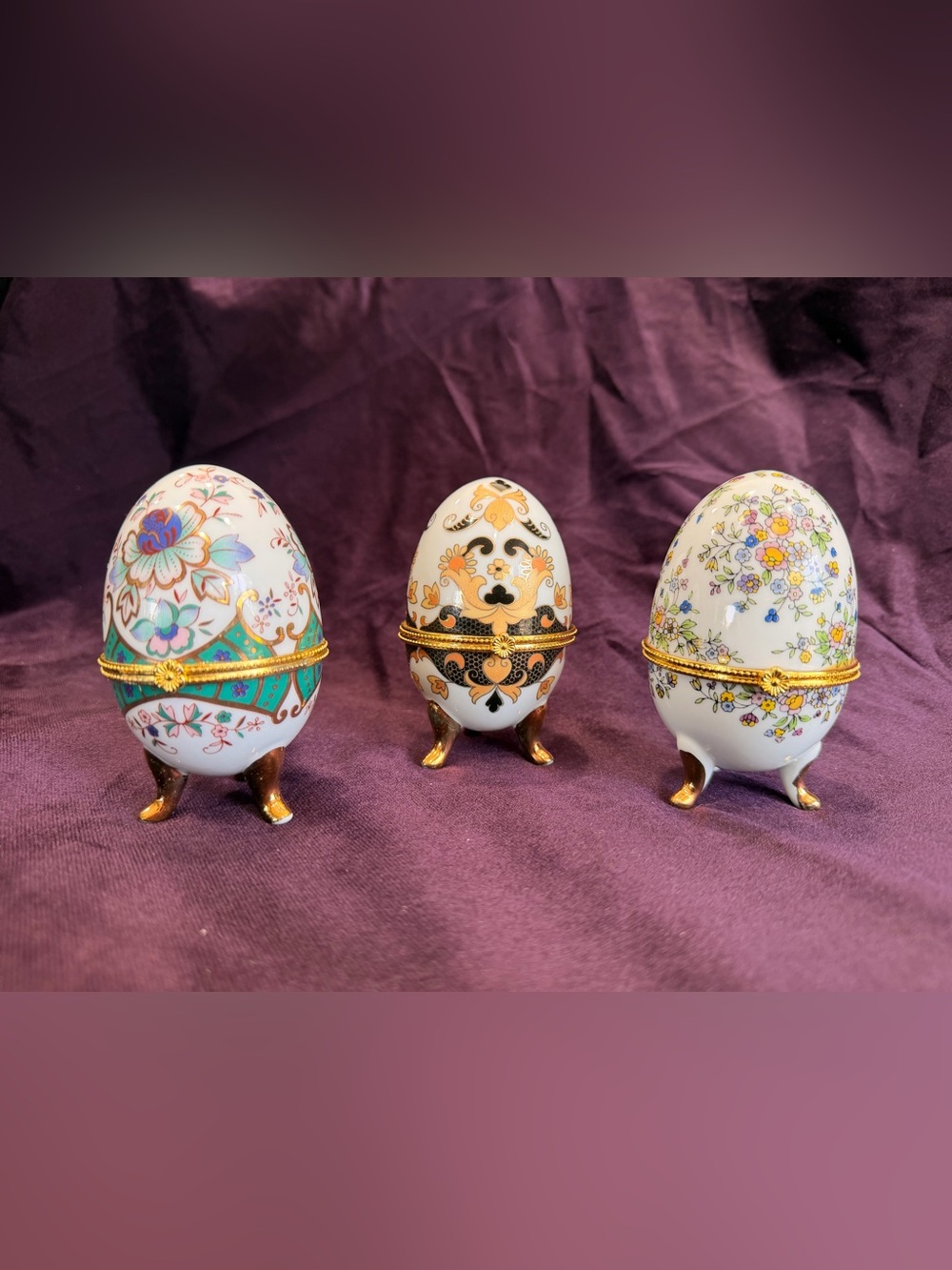 Fabergé Style Porcelain Hinged Egg Jewelry Trinket Boxes Footed Multicolor Set